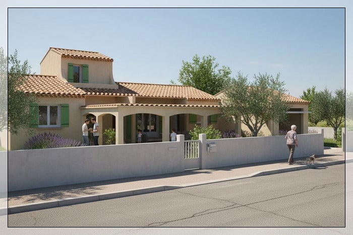 Perspective 3D d'une petite maison, vue depuis la rue.