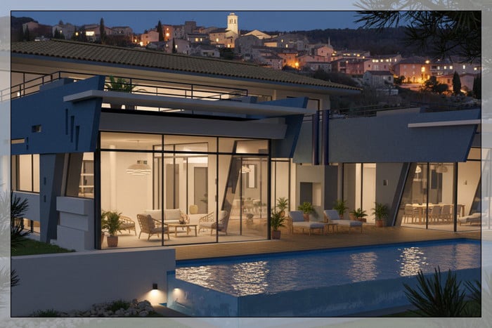 Perspective vue de nuit maison d'architecte